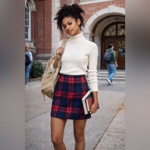 NWT Kinghua Red & Blue Plaid Wool Blend Mini Skirt Size Small